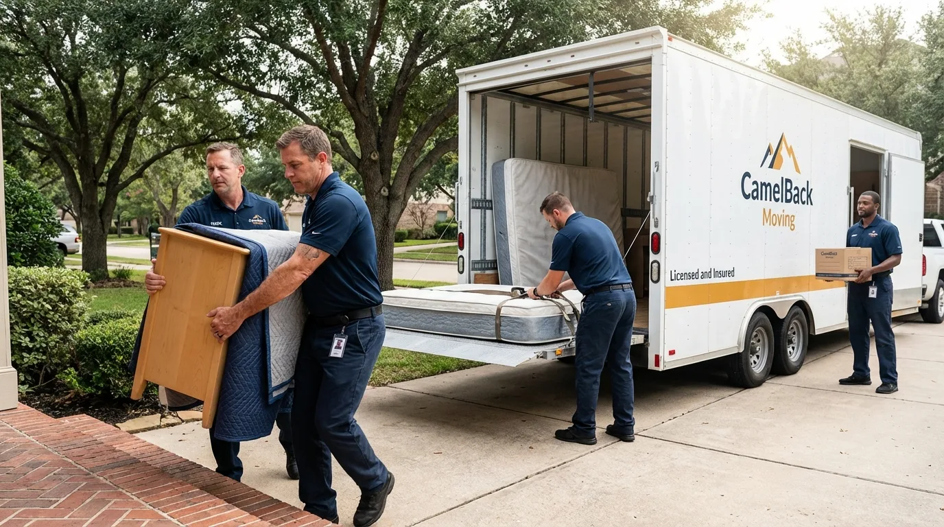 Crew loading residential truck for cross-state move from Hutto, TX