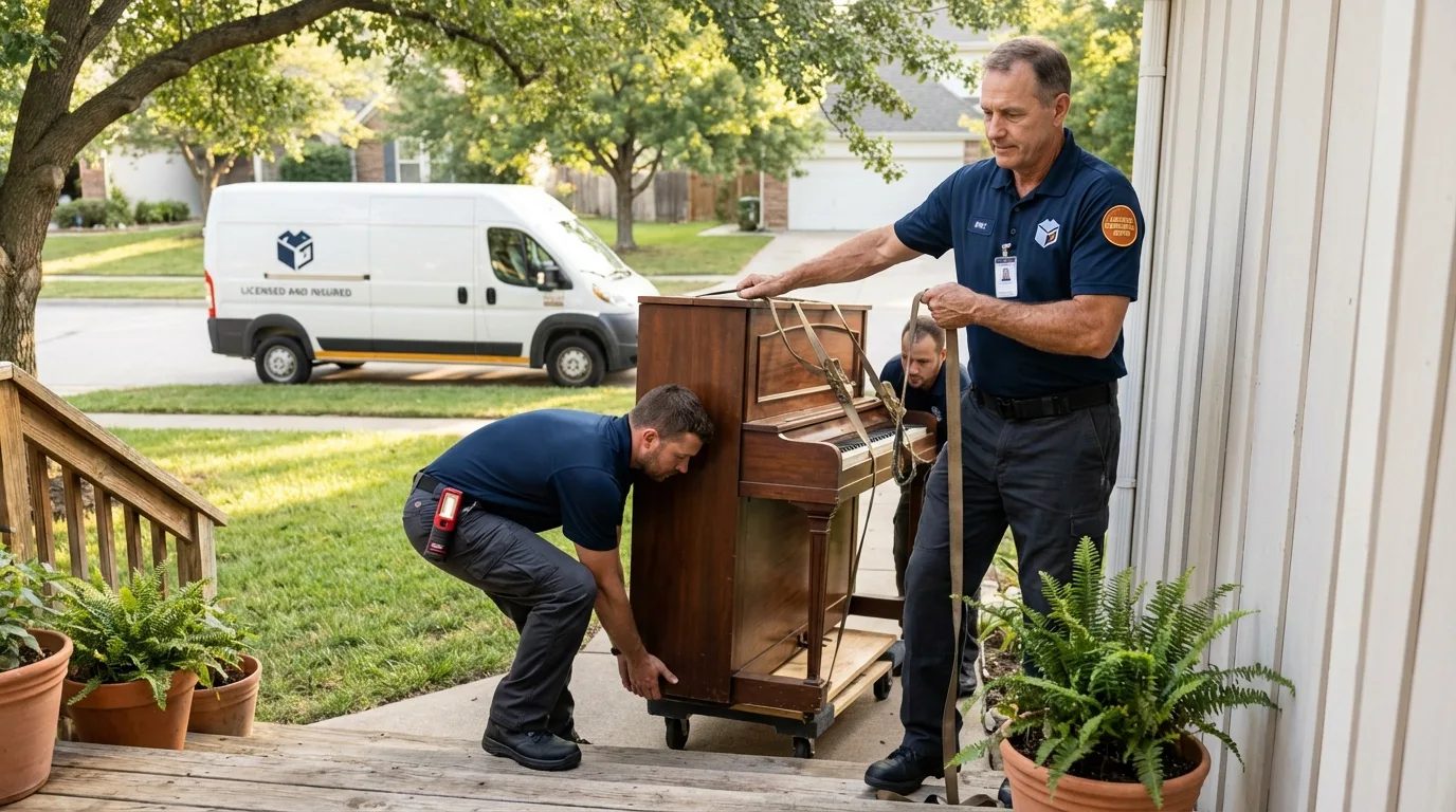 Licensed piano movers securing grand piano in Hutto, TX