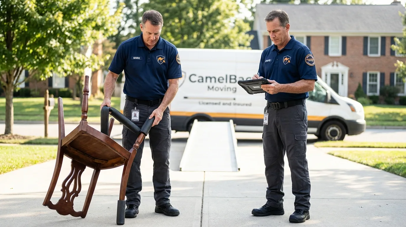 Movers inspecting furniture for damage prevention before loading in Hutto, TX