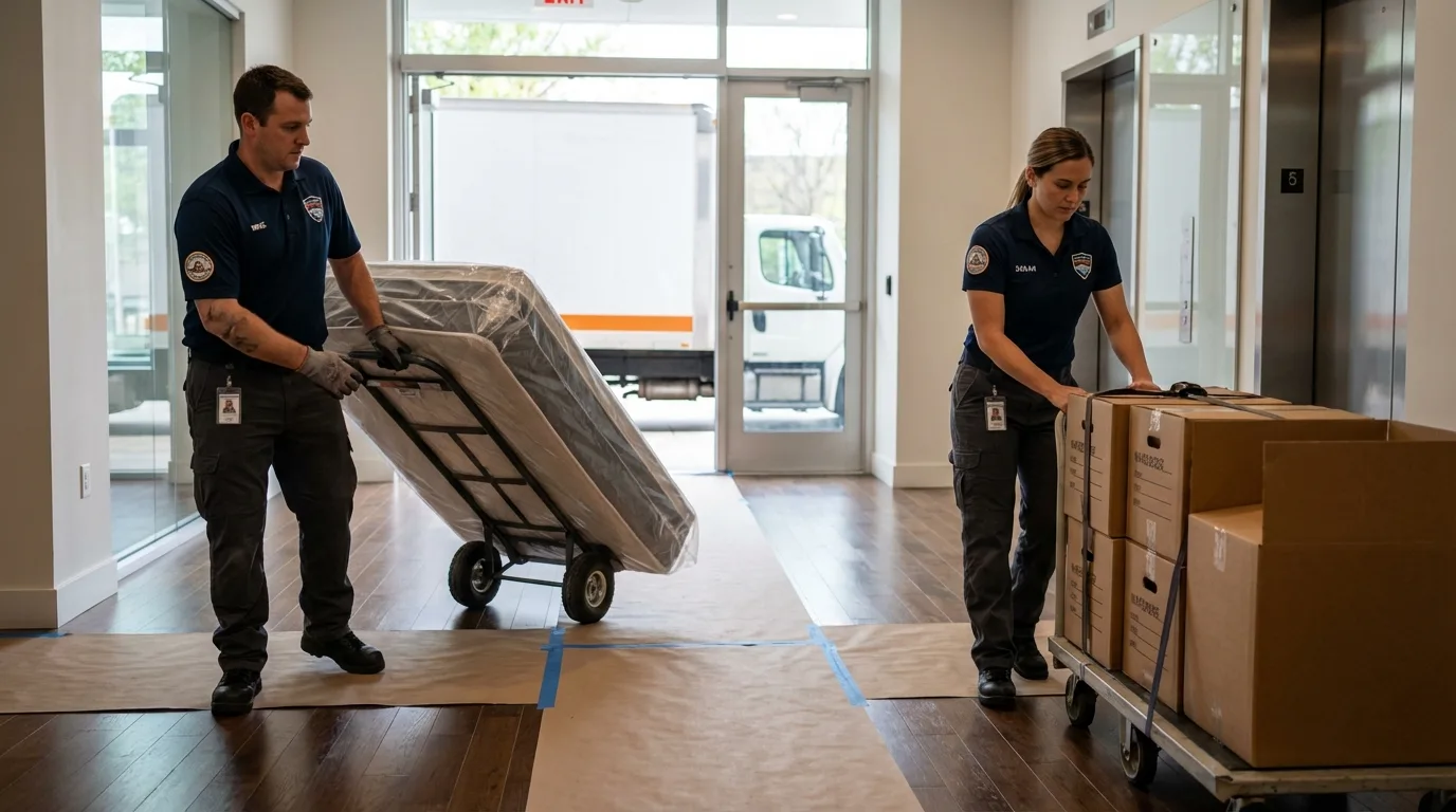 Professional apartment movers loading elevator in Hutto, TX
